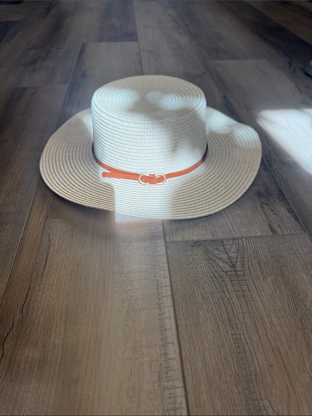 Cream Straw Fedora with Orange Band and Gold Accent